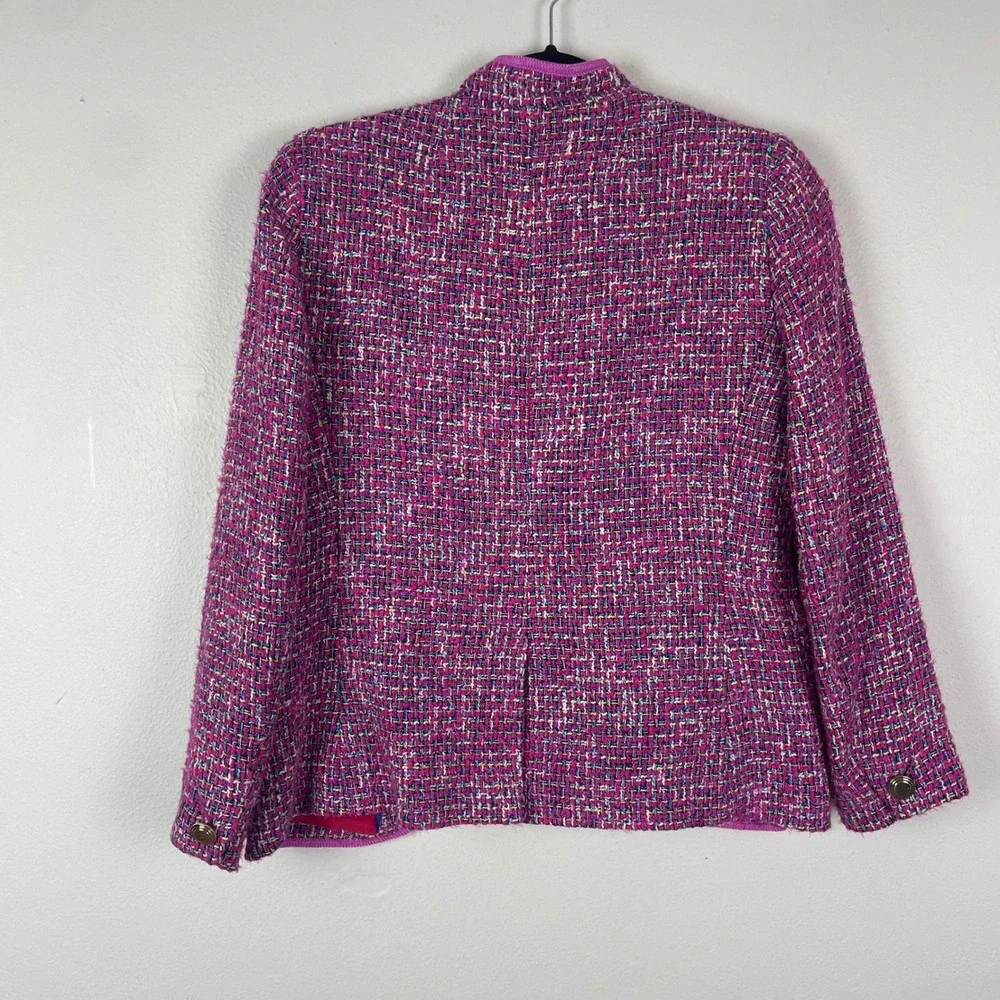 J.Crew Womens Blazer Fitted Jacket Pink Purple‎ Gold Pockets Size 2 Autumn Tweed